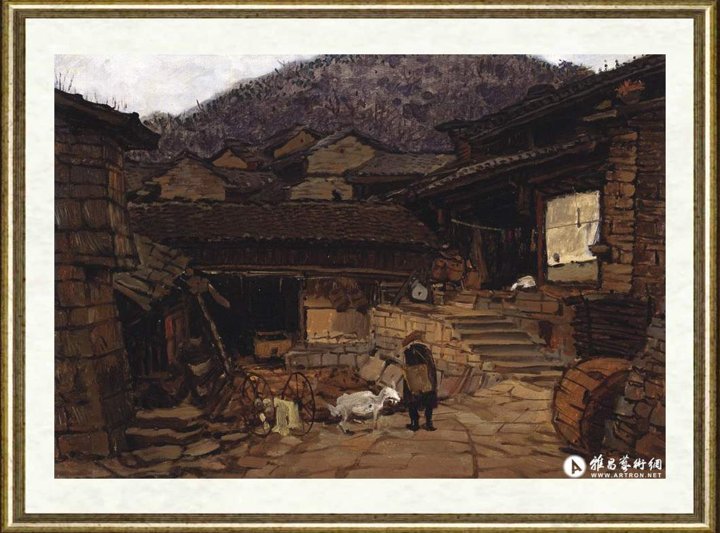 苏高礼_雨中糯黑村寨Village in the Rain Oil on Cardboard Lunan of Yunnan Province